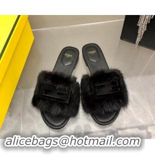 Purchase Fendi Baguette Flat Slides Sandal in Mink Fur Black 930123