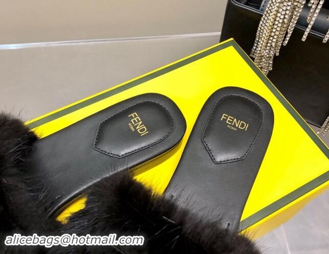 Purchase Fendi Baguette Flat Slides Sandal in Mink Fur Black 930123