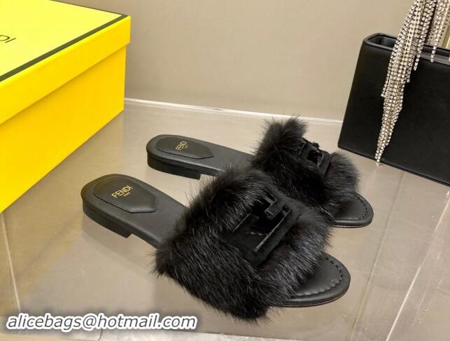 Purchase Fendi Baguette Flat Slides Sandal in Mink Fur Black 930123