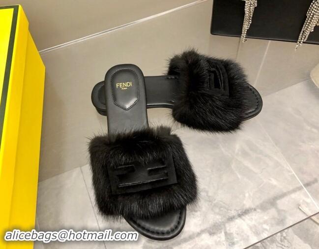 Purchase Fendi Baguette Flat Slides Sandal in Mink Fur Black 930123