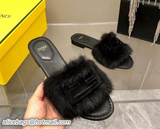 Purchase Fendi Baguette Flat Slides Sandal in Mink Fur Black 930123