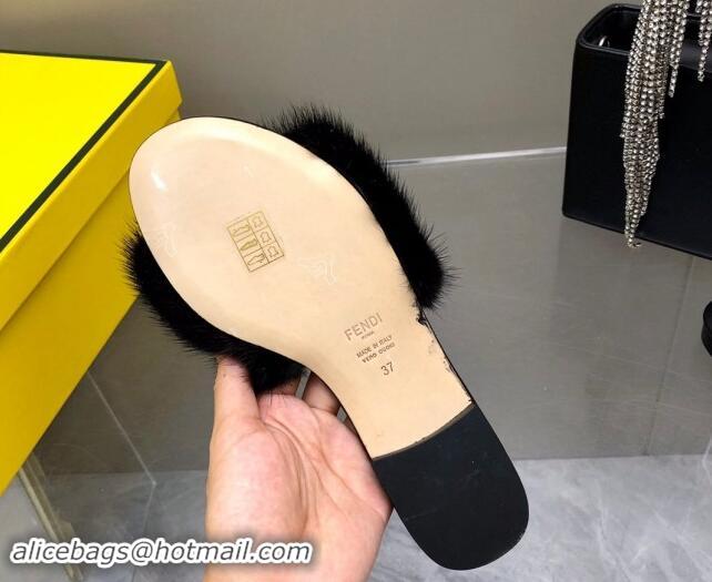 Purchase Fendi Baguette Flat Slides Sandal in Mink Fur Black 930123