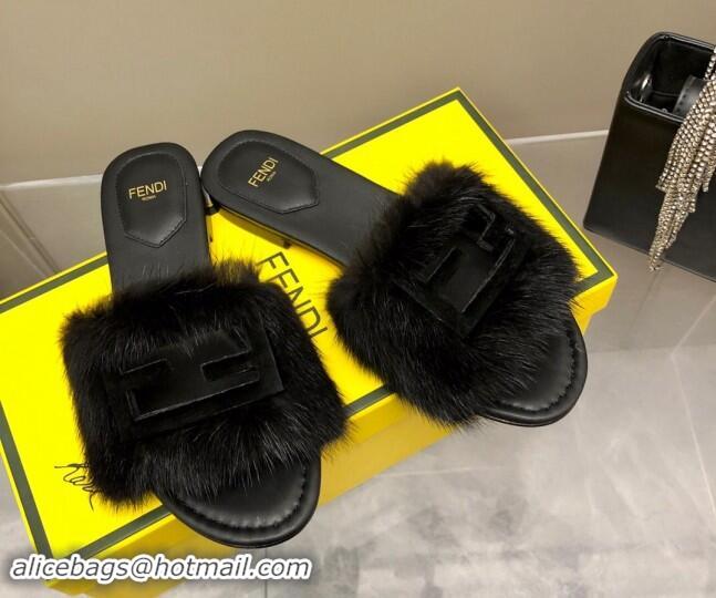 Purchase Fendi Baguette Flat Slides Sandal in Mink Fur Black 930123