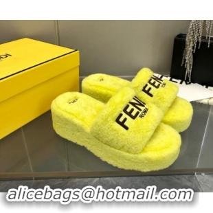 Pretty Style Fendi Sunshine Wedge Slides Sandal 6cm in Shearling Yellow 930124