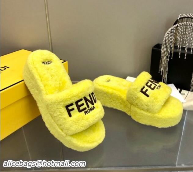 Pretty Style Fendi Sunshine Wedge Slides Sandal 6cm in Shearling Yellow 930124