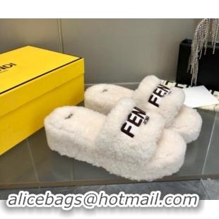 Good Product Fendi Sunshine Wedge Slides Sandal 6cm in Shearling White 930125