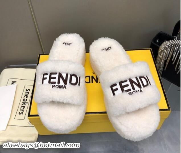 Good Product Fendi Sunshine Wedge Slides Sandal 6cm in Shearling White 930125