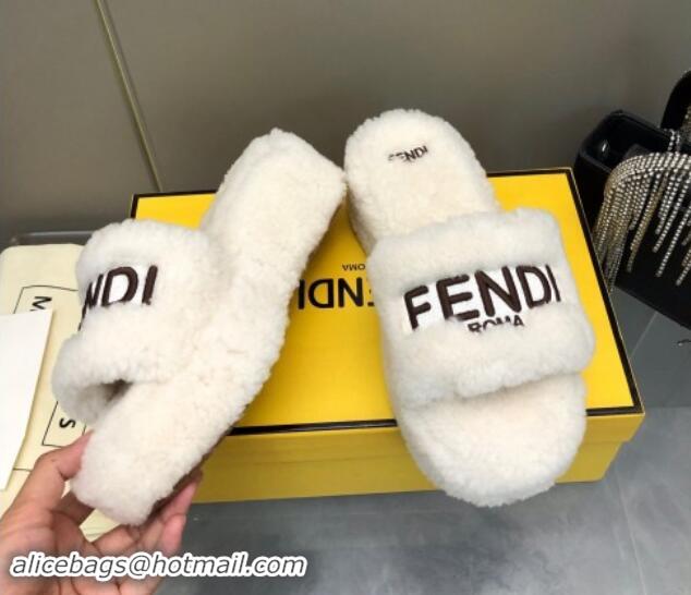 Good Product Fendi Sunshine Wedge Slides Sandal 6cm in Shearling White 930125