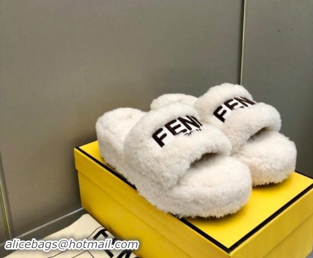 Good Product Fendi Sunshine Wedge Slides Sandal 6cm in Shearling White 930125