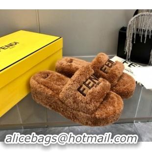 Luxurious Fendi Sunshine Wedge Slides Sandal 6cm in Shearling Brown 930126