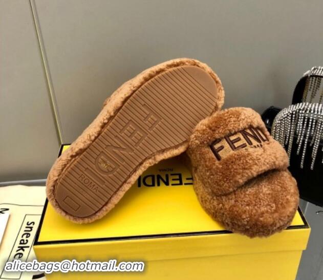 Luxurious Fendi Sunshine Wedge Slides Sandal 6cm in Shearling Brown 930126