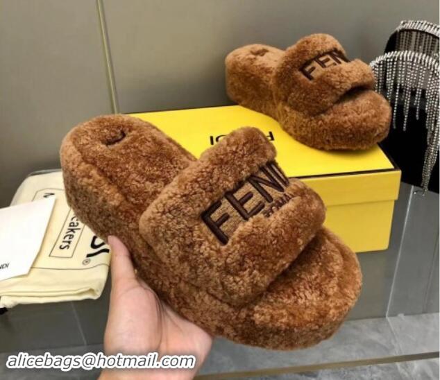 Luxurious Fendi Sunshine Wedge Slides Sandal 6cm in Shearling Brown 930126