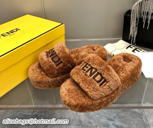 Luxurious Fendi Sunshine Wedge Slides Sandal 6cm in Shearling Brown 930126