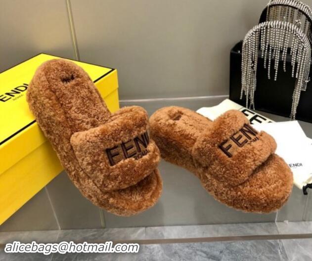 Luxurious Fendi Sunshine Wedge Slides Sandal 6cm in Shearling Brown 930126