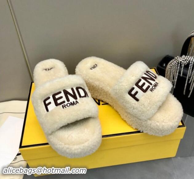 Top Grade Fendi Sunshine Wedge Slides Sandal 6cm in Shearling Beige 930127