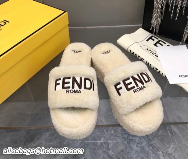 Top Grade Fendi Sunshine Wedge Slides Sandal 6cm in Shearling Beige 930127