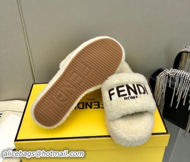 Top Grade Fendi Sunshine Wedge Slides Sandal 6cm in Shearling Beige 930127