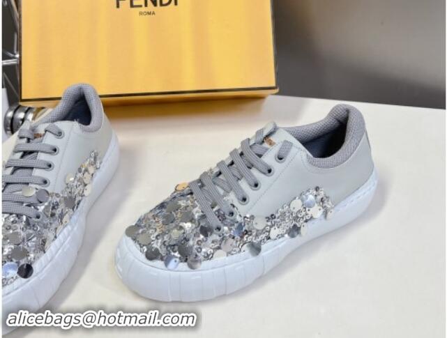 Good Looking Fendi Low top Sneakers in Calfskin and Sequins Grey 1112082