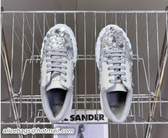 Good Looking Fendi Low top Sneakers in Calfskin and Sequins Grey 1112082