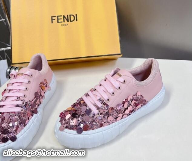 Good Quality Fendi Low top Sneakers in Calfskin and Sequins Pink 1112083