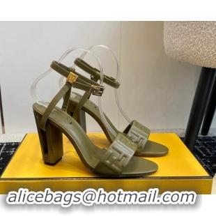 Unique Style Fendi Delfina Heel Sandals 9.5cm in FF Nappa Leather Green 1112085