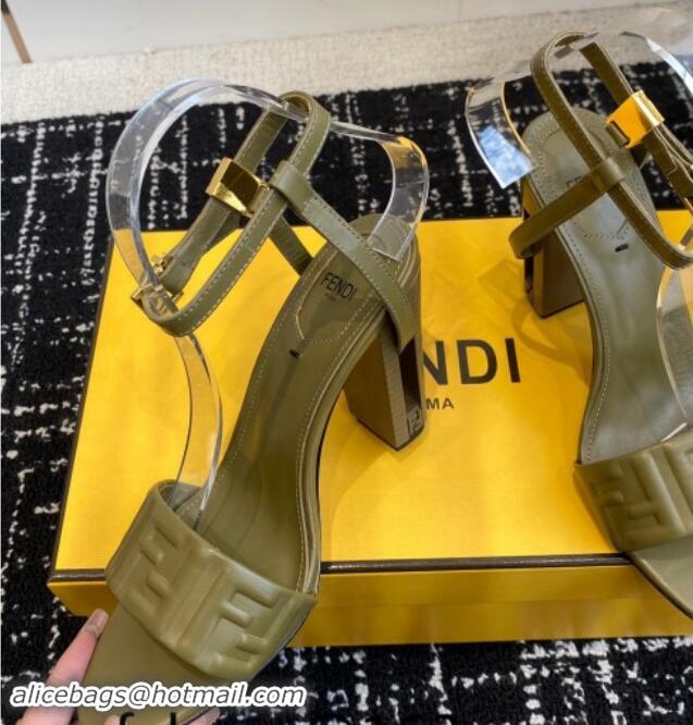 Unique Style Fendi Delfina Heel Sandals 9.5cm in FF Nappa Leather Green 1112085