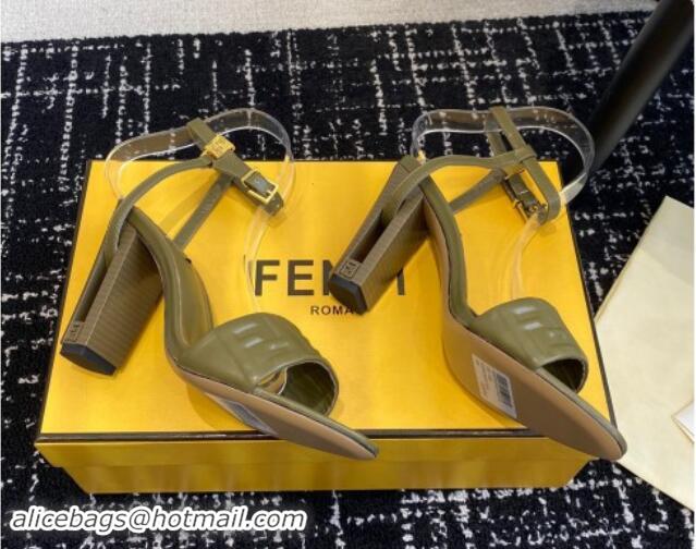 Unique Style Fendi Delfina Heel Sandals 9.5cm in FF Nappa Leather Green 1112085