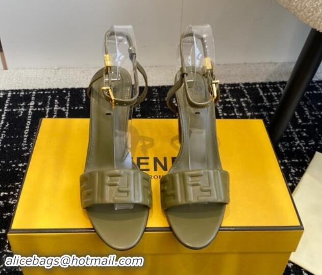 Unique Style Fendi Delfina Heel Sandals 9.5cm in FF Nappa Leather Green 1112085