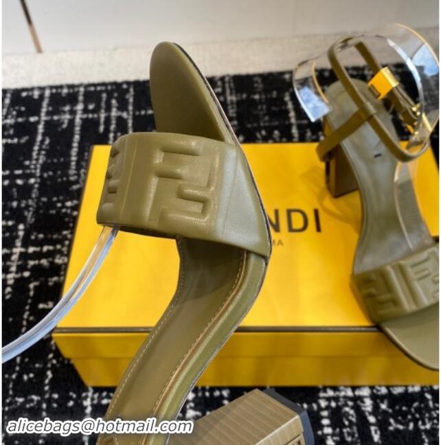 Unique Style Fendi Delfina Heel Sandals 9.5cm in FF Nappa Leather Green 1112085