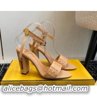 Shop Duplicate Fendi Delfina Heel Sandals 9.5cm in FF Nappa Leather Beige 1112086