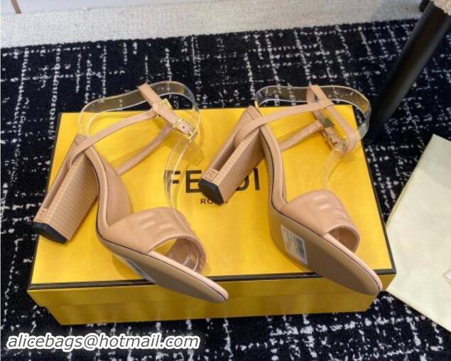 Shop Duplicate Fendi Delfina Heel Sandals 9.5cm in FF Nappa Leather Beige 1112086