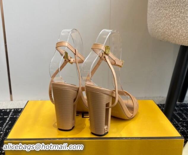 Shop Duplicate Fendi Delfina Heel Sandals 9.5cm in FF Nappa Leather Beige 1112086