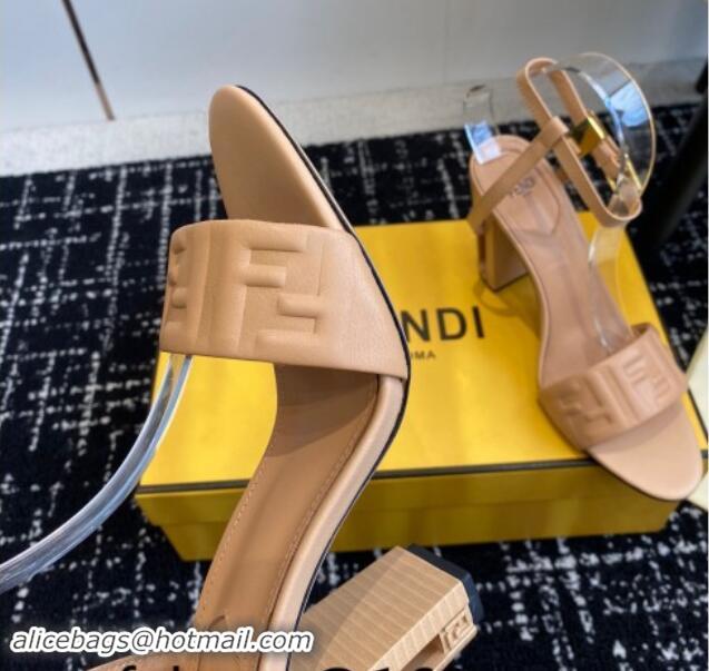 Shop Duplicate Fendi Delfina Heel Sandals 9.5cm in FF Nappa Leather Beige 1112086