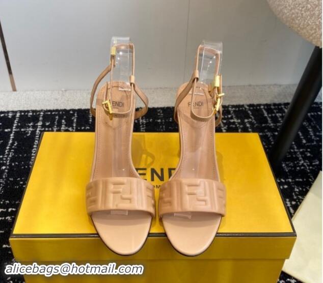 Shop Duplicate Fendi Delfina Heel Sandals 9.5cm in FF Nappa Leather Beige 1112086