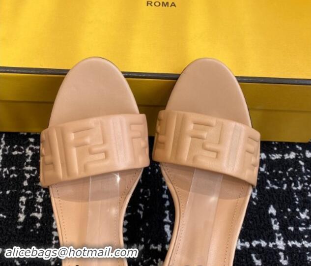 Shop Duplicate Fendi Delfina Heel Sandals 9.5cm in FF Nappa Leather Beige 1112086