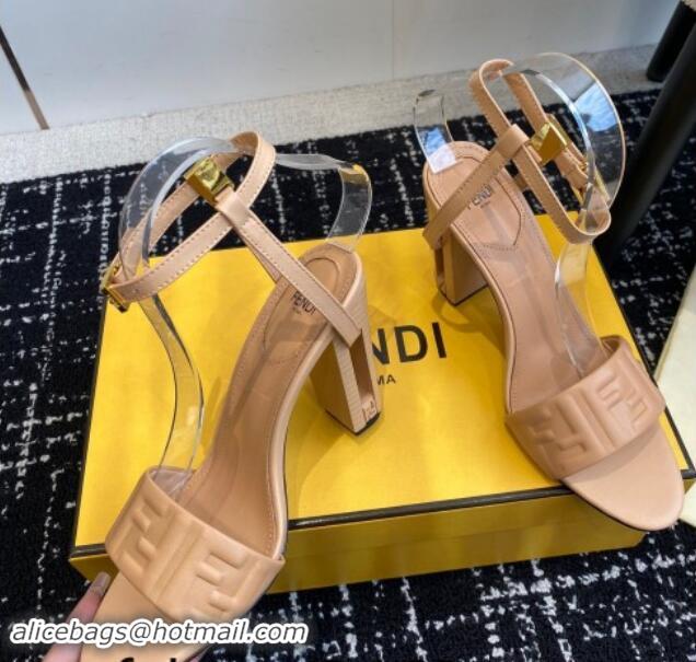 Shop Duplicate Fendi Delfina Heel Sandals 9.5cm in FF Nappa Leather Beige 1112086