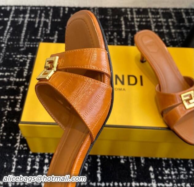 Stylish Fendi FFold medium-heeled slides sandal 4cm in embossed leather Light Brown 112087