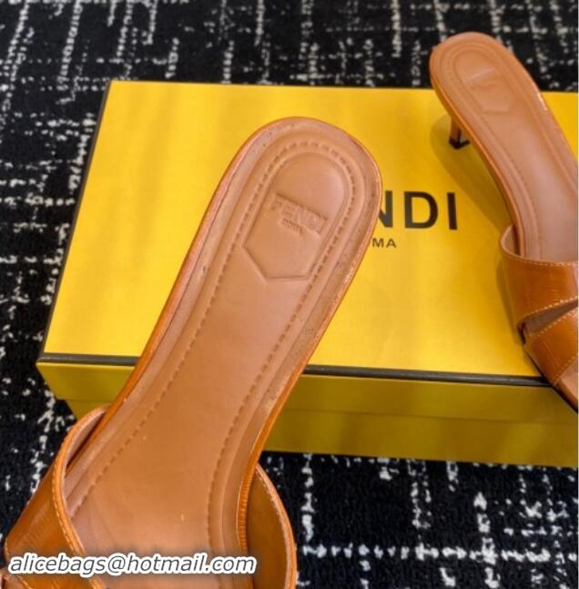 Stylish Fendi FFold medium-heeled slides sandal 4cm in embossed leather Light Brown 112087