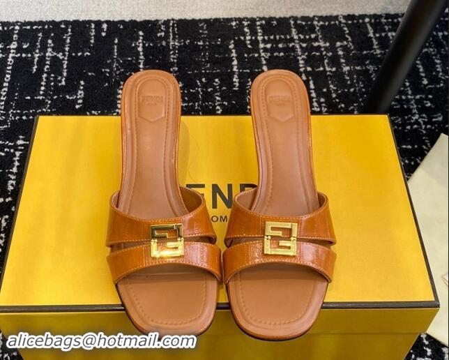 Stylish Fendi FFold medium-heeled slides sandal 4cm in embossed leather Light Brown 112087