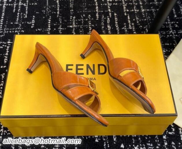 Stylish Fendi FFold medium-heeled slides sandal 4cm in embossed leather Light Brown 112087