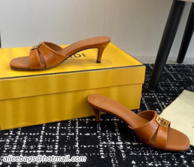 Stylish Fendi FFold medium-heeled slides sandal 4cm in embossed leather Light Brown 112087