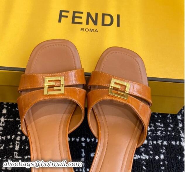 Stylish Fendi FFold medium-heeled slides sandal 4cm in embossed leather Light Brown 112087