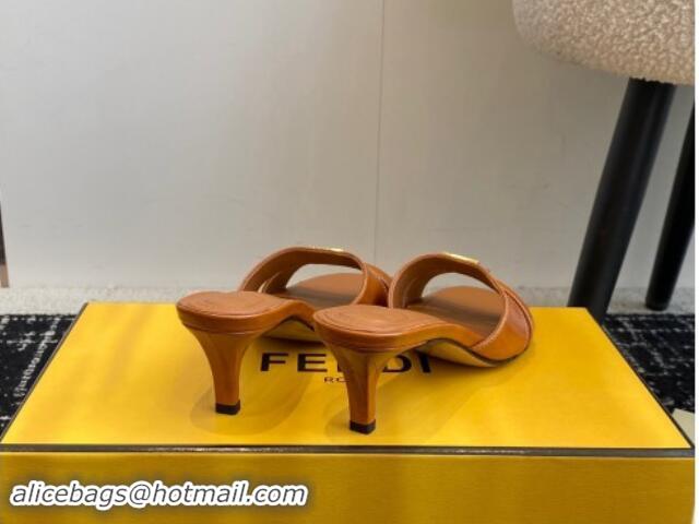 Stylish Fendi FFold medium-heeled slides sandal 4cm in embossed leather Light Brown 112087