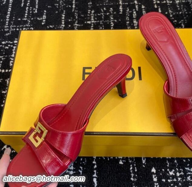 Sophisticated Fendi FFold medium-heeled slides sandal 4cm in embossed leather Red 112088