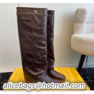 Perfect Fendi Show High Boots 6cm in Calfskin Leather Dark Brown 1112095