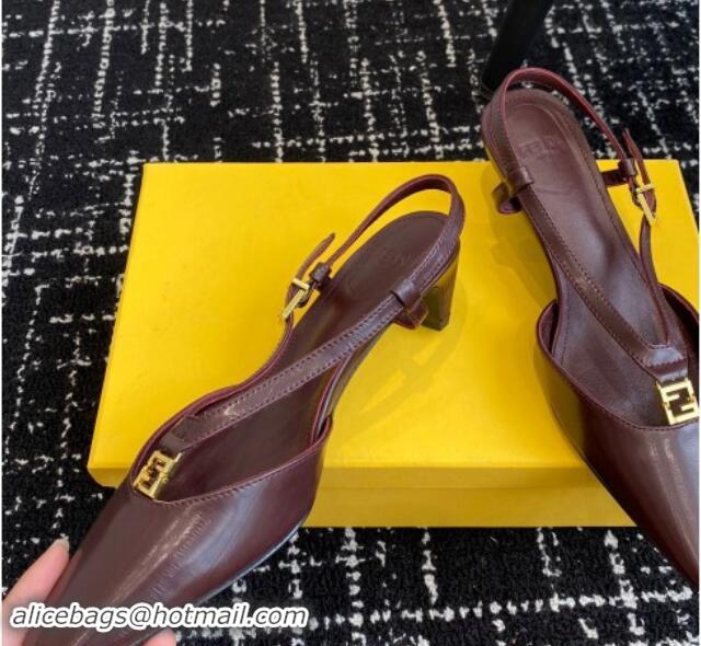 Fashion Fendi FFold Slingback Pumps 4cm in Embossed Calfskin Dark Brown 112097