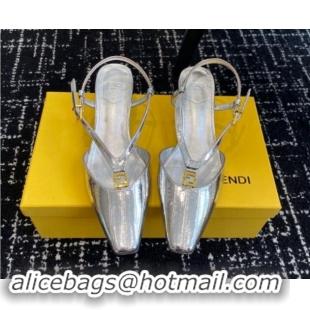 Buy Luxury Fendi FFold Slingback Pumps 4cm in Embossed Calfskin Silver 1112099