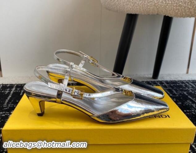 Buy Luxury Fendi FFold Slingback Pumps 4cm in Embossed Calfskin Silver 1112099