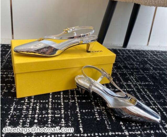 Buy Luxury Fendi FFold Slingback Pumps 4cm in Embossed Calfskin Silver 1112099