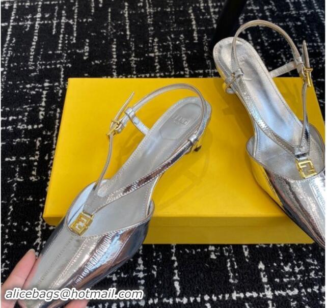 Buy Luxury Fendi FFold Slingback Pumps 4cm in Embossed Calfskin Silver 1112099